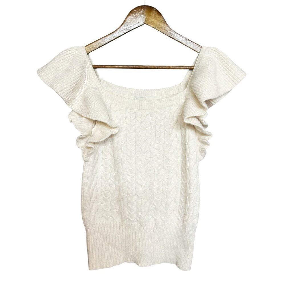 A New Day Off White Cable Knit Ruffled Sleeve Knit Top Size XS Soft Feminine